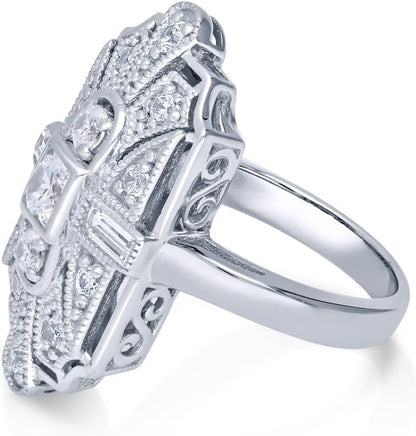 Sterling Silver CZ Navette Statement Cocktail Rings for Women, Art Deco Cubic Zirconia Ring