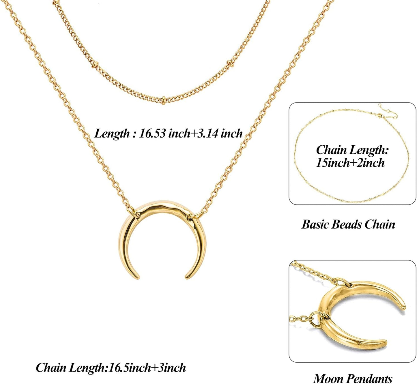 Dainty Gold Layered Bar Neckalce Moon Pendant Lariat Y Necklace 14K Gold Simple Necklace for Women