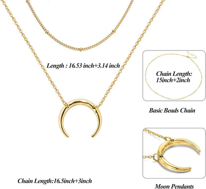 Dainty Gold Layered Bar Neckalce Moon Pendant Lariat Y Necklace 14K Gold Simple Necklace for Women