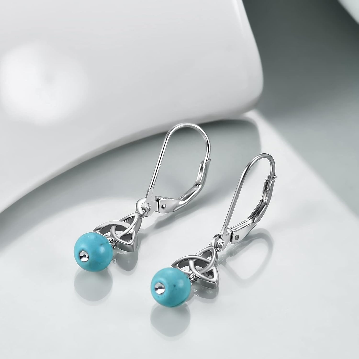 Celtic Turquoise Earrings Sterling Silver Triquetra Celtic Knot Turquoise Dangle Drop Leverback Earring for Women Jewelry