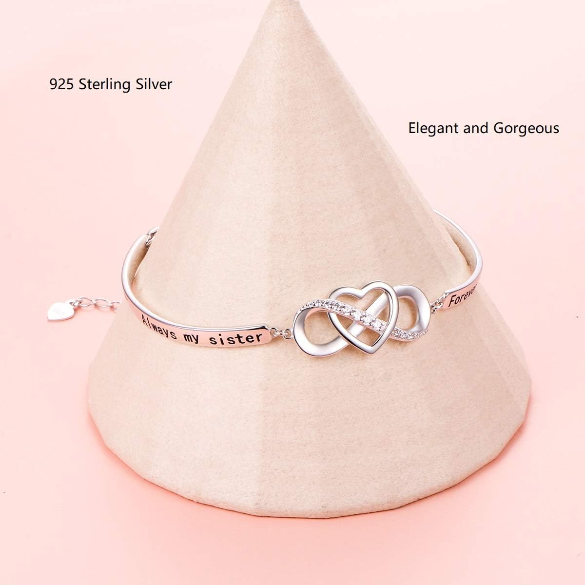 Mothers Day Gifts 925 Sterling Silver Infinity Love Heart Bracelet with Inspirational Message for Mother Daughter Sister Wife, Adjustable Length Bangle Bracelets Friendship Jewelry for Women Girls