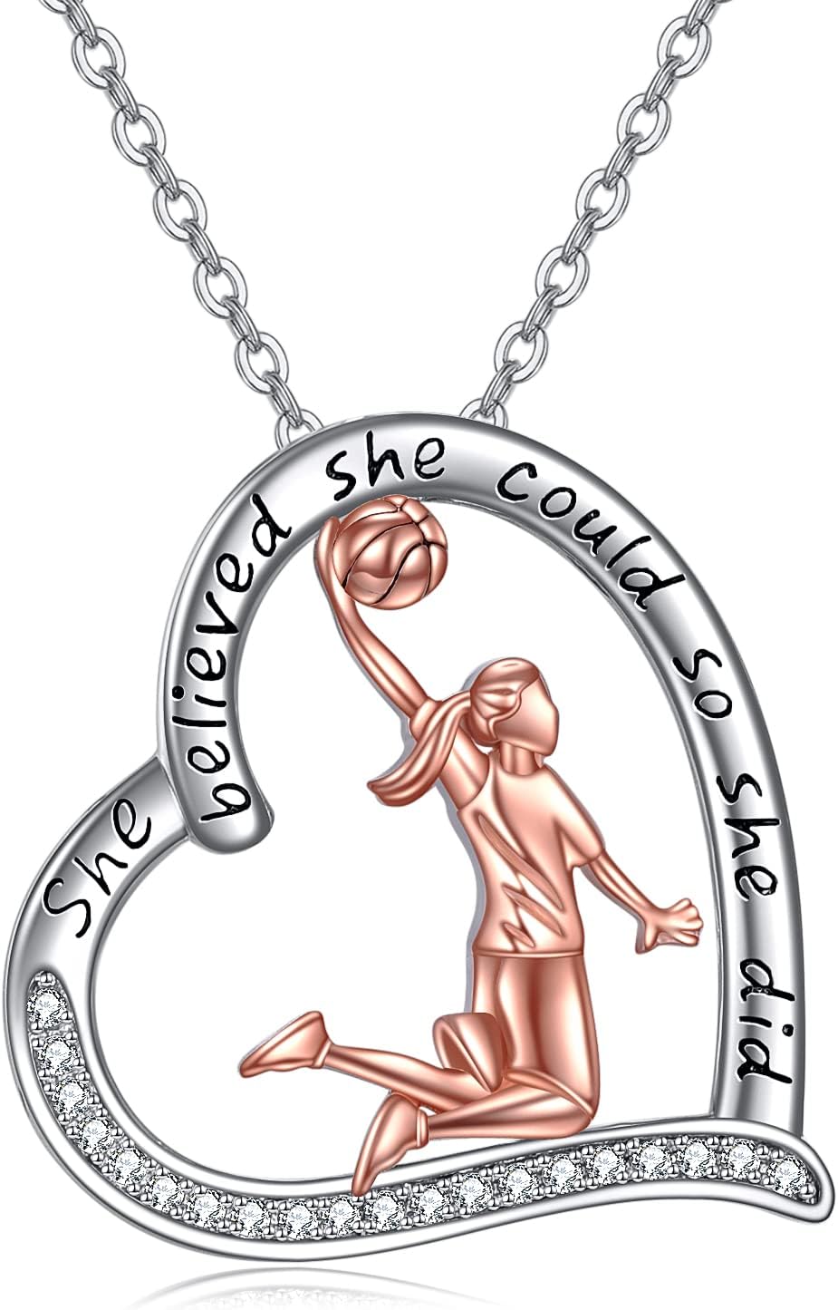 925 Sterling Silver Inspirational Basketball CZ Pendant Necklace