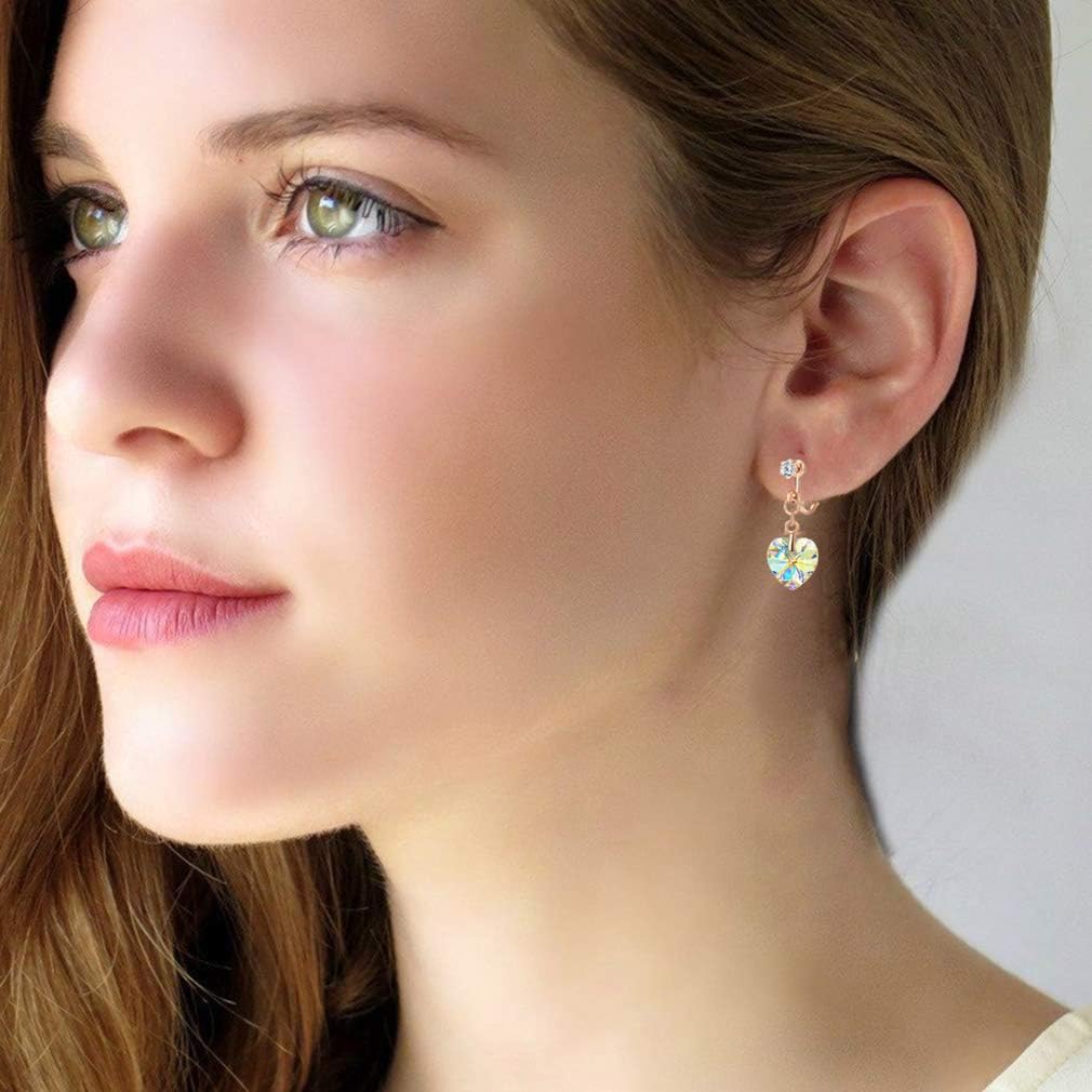 Austrian Crystal Heart Drop Clip on Dangle Earrings for Women Non Pierced 14K Rose Gold Plated Hypoallergenic Jewelry