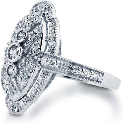 Sterling Silver CZ Navette Statement Cocktail Rings for Women, Art Deco Cubic Zirconia Ring