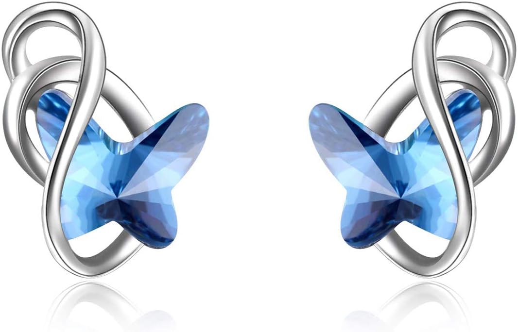 Sterling Silver Infinity Butterfly Earrings Embellished with Crystals from Austria, Hypoallergenic Stud Earrings, Anniversary Birthday Butterfly Jewelry Gifts for Women