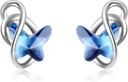 Sterling Silver Infinity Butterfly Earrings Embellished with Crystals from Austria, Hypoallergenic Stud Earrings, Anniversary Birthday Butterfly Jewelry Gifts for Women