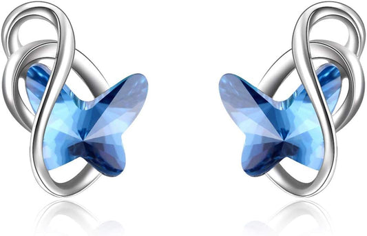 Sterling Silver Infinity Butterfly Earrings Embellished with Crystals from Austria, Hypoallergenic Stud Earrings, Anniversary Birthday Butterfly Jewelry Gifts for Women