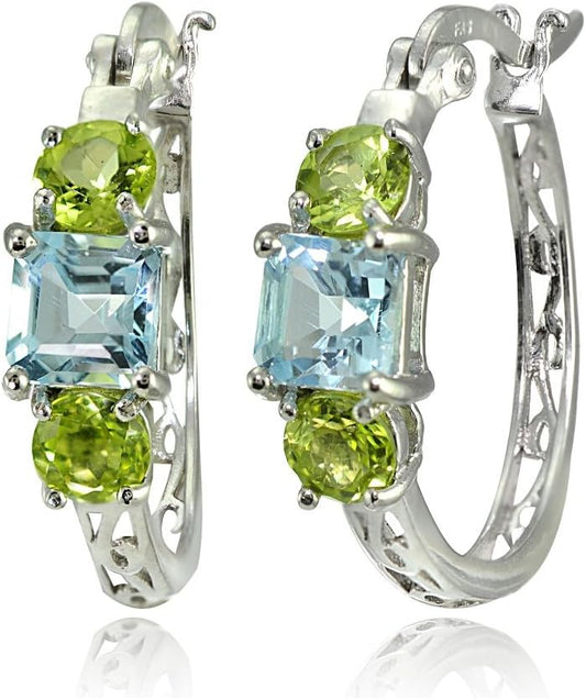 Gemstone Earrings for Women Sterling Silver Three-Stone Hoops Prom Fashion Bridesmaids