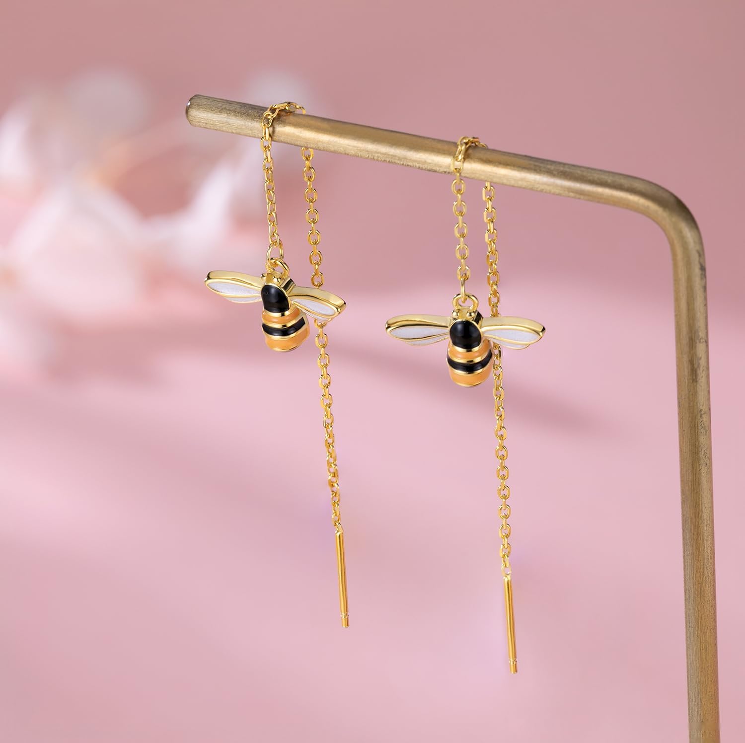 Solid 925 Sterling Silver Bumble Bee Dangle Earrings for Women Teens Honey Bee Drop Earrings Threader Tassel Chain