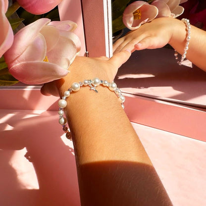 Pearl Bracelets for Girls, Sterling Silver Cross Charm, Baptism Gifts for Girl, Baby Bracelet with Simulated White Pearls and Crystals, Girls Jewelry Birthday Gift