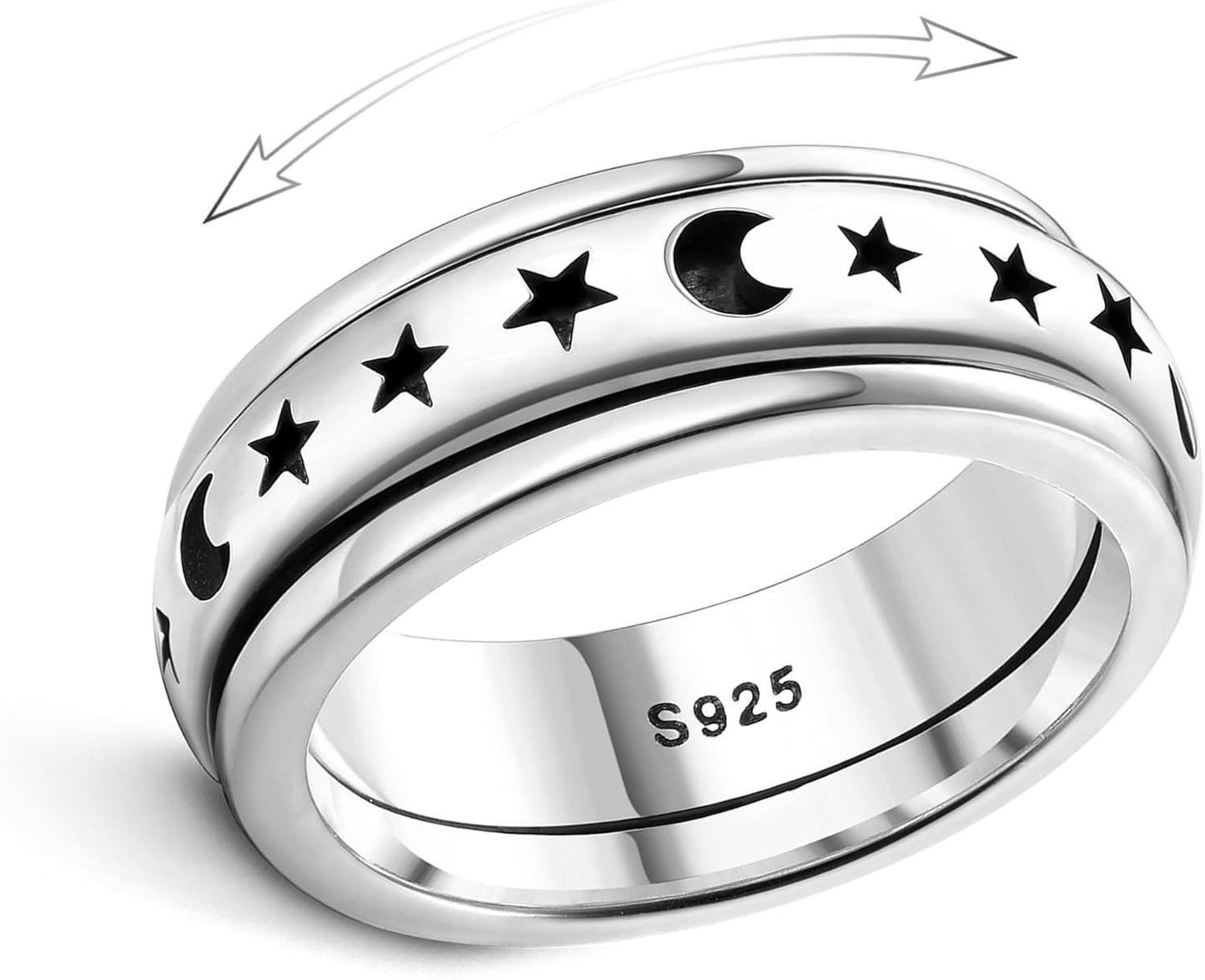 925 Sterling Silver Anxiety Ring for Women Men Platinum Plated Sterling Silver Band Fidget Ring Cross Flower Moon Star Spinner Ring Stress Anxiety Relief Item