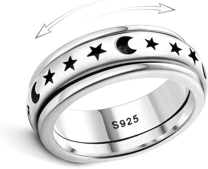 925 Sterling Silver Anxiety Ring for Women Men Platinum Plated Sterling Silver Band Fidget Ring Cross Flower Moon Star Spinner Ring Stress Anxiety Relief Item