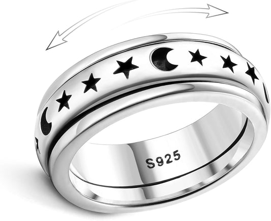 925 Sterling Silver Anxiety Ring for Women Men Platinum Plated Sterling Silver Band Fidget Ring Cross Flower Moon Star Spinner Ring Stress Anxiety Relief Item