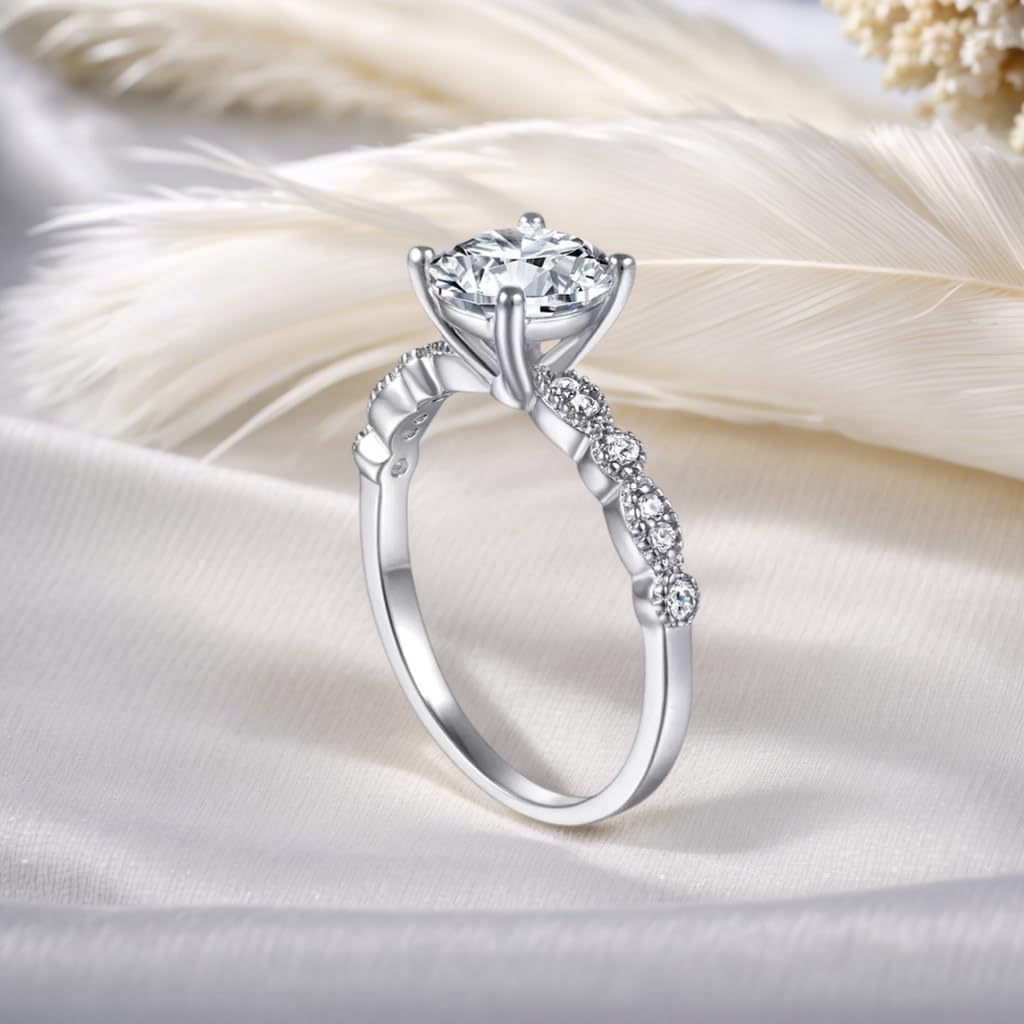 1-1/5 Carat (Ctw) Classic round Engagement Rings for Women Platinum Plated Silver Moissanite Engagement Ring Anniversary Promise Ring