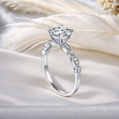 1-1/5 Carat (Ctw) Classic round Engagement Rings for Women Platinum Plated Silver Moissanite Engagement Ring Anniversary Promise Ring