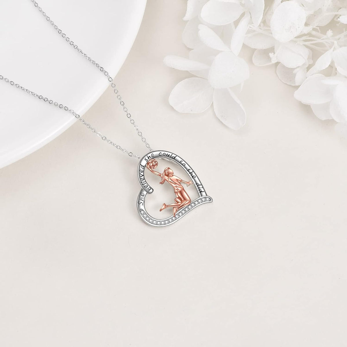 925 Sterling Silver Inspirational Basketball CZ Pendant Necklace