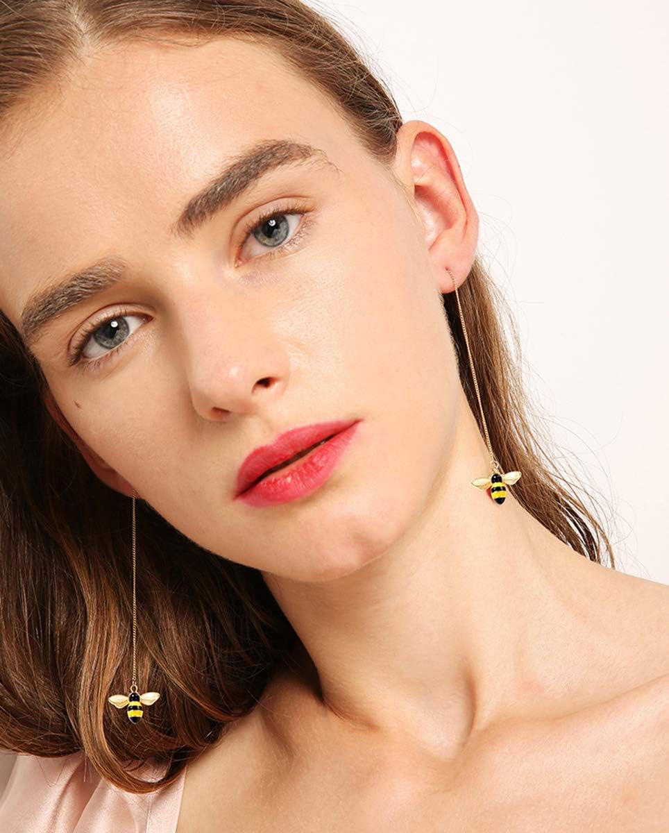 Solid 925 Sterling Silver Bumble Bee Dangle Earrings for Women Teens Honey Bee Drop Earrings Threader Tassel Chain