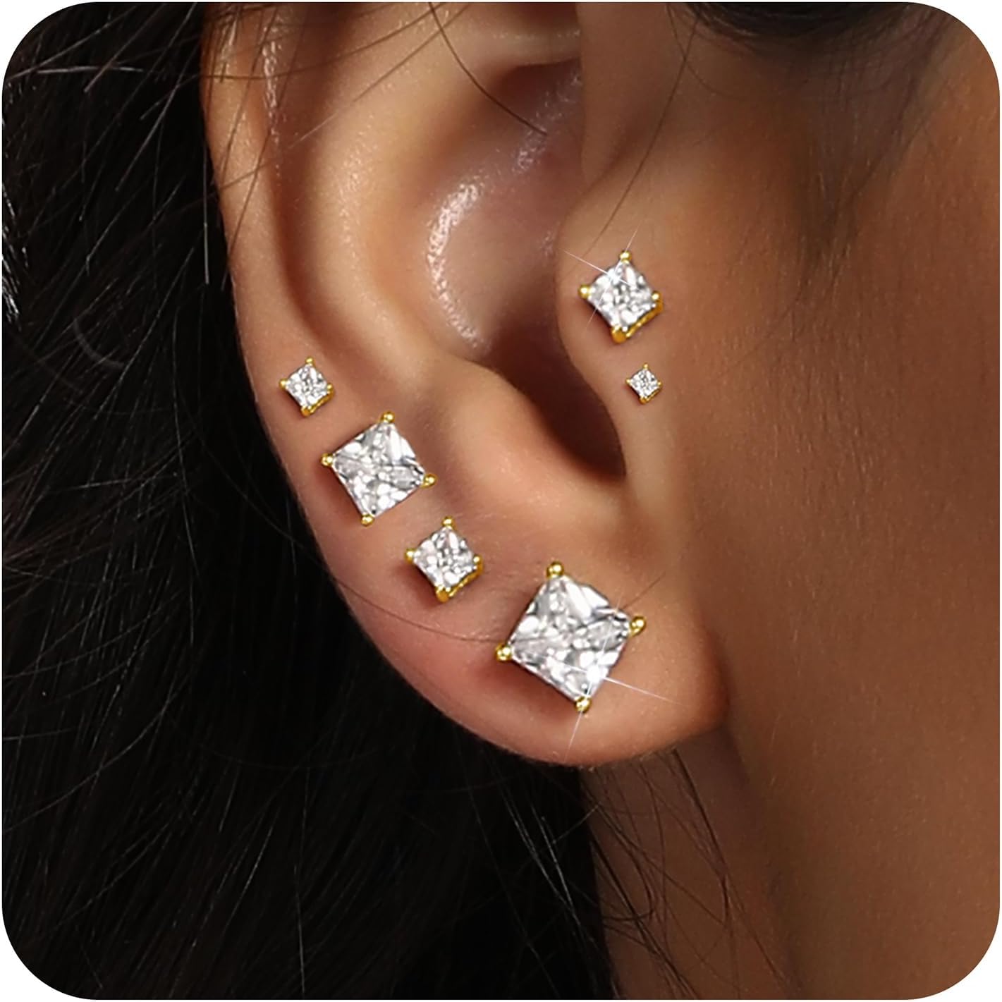 5 Pairs 14K Yellow Gold Plated Princess Cut Clear Cubic Zirconia Stud Earring Set for Women Men