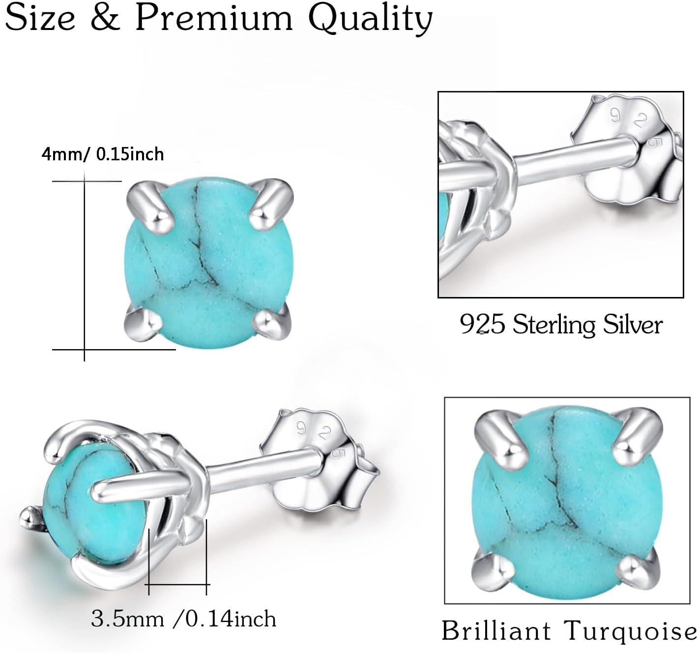 Turquoise Studs Earrings, 925 Sterling Silver 4Mm/6Mm round Shape Tiny Studs, Turquoise Jewelry Present for Women Girlfriend