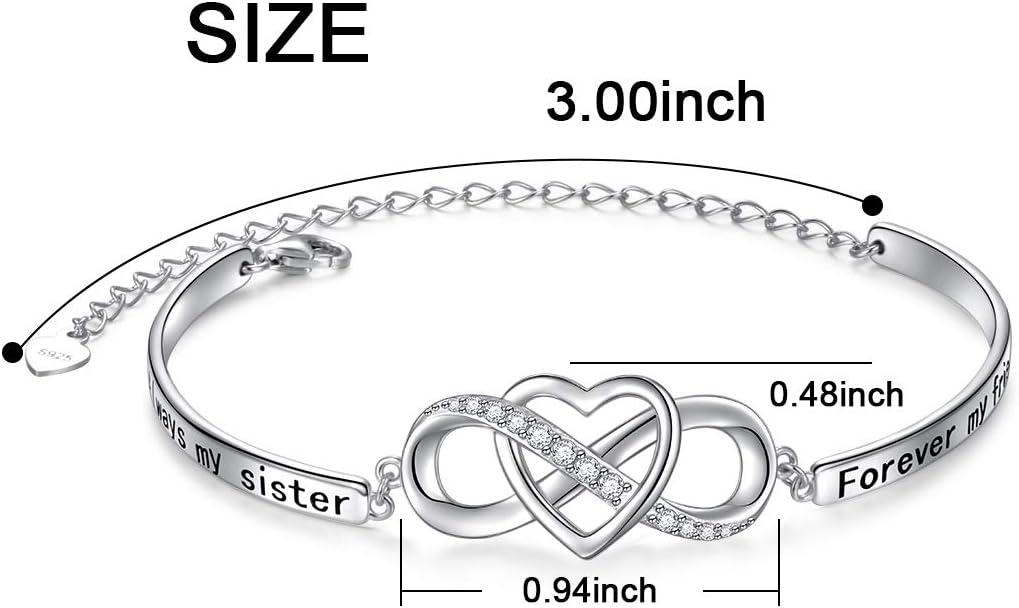 Mothers Day Gifts 925 Sterling Silver Infinity Love Heart Bracelet with Inspirational Message for Mother Daughter Sister Wife, Adjustable Length Bangle Bracelets Friendship Jewelry for Women Girls