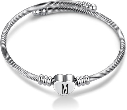 Women Initial Heart A-Z Letter Cuff Bracelet Personalized Name Expandable Wristband Bangle Bracelets Stainless Steel Birthday Jewelry