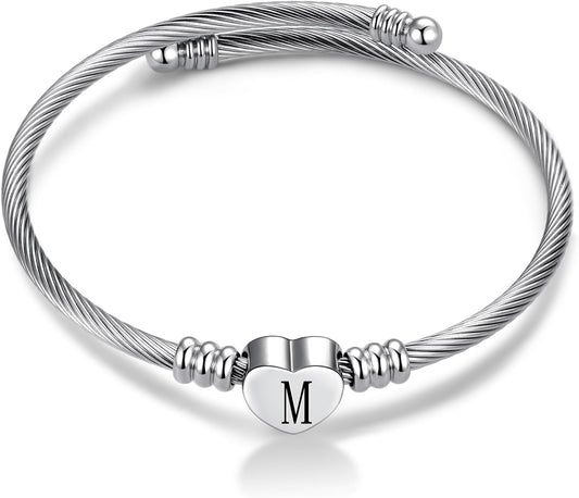 Women Initial Heart A-Z Letter Cuff Bracelet Personalized Name Expandable Wristband Bangle Bracelets Stainless Steel Birthday Jewelry