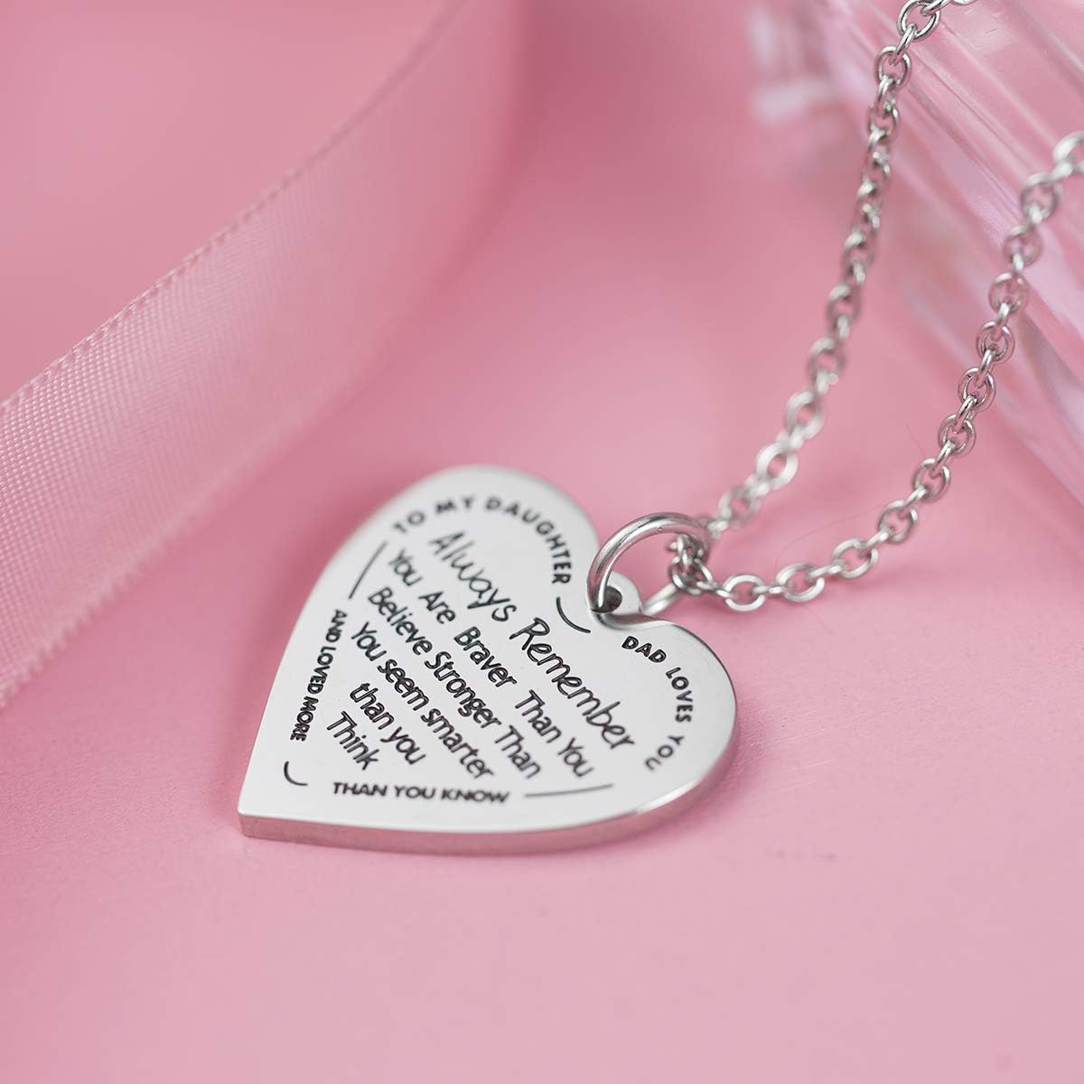 Haoflower Daughter Heart Pendant Necklace You Are Braver than You Believe Engraved Motivational Message Stainless Steel Jewelry Gifts from Mom Dad