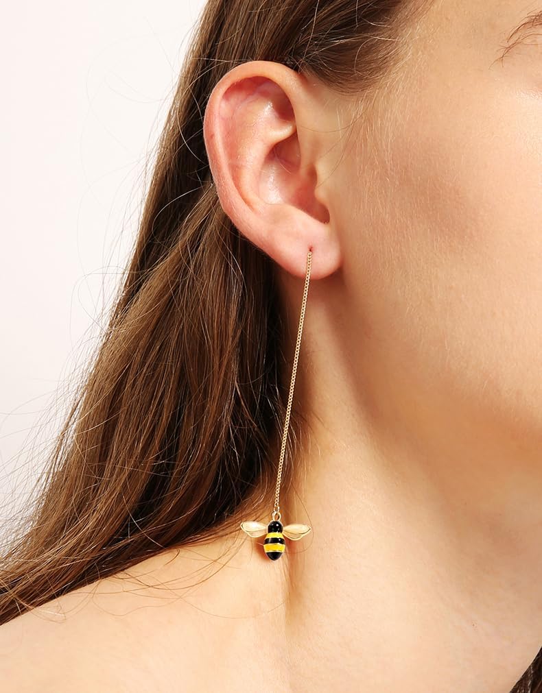 Solid 925 Sterling Silver Bumble Bee Dangle Earrings for Women Teens Honey Bee Drop Earrings Threader Tassel Chain