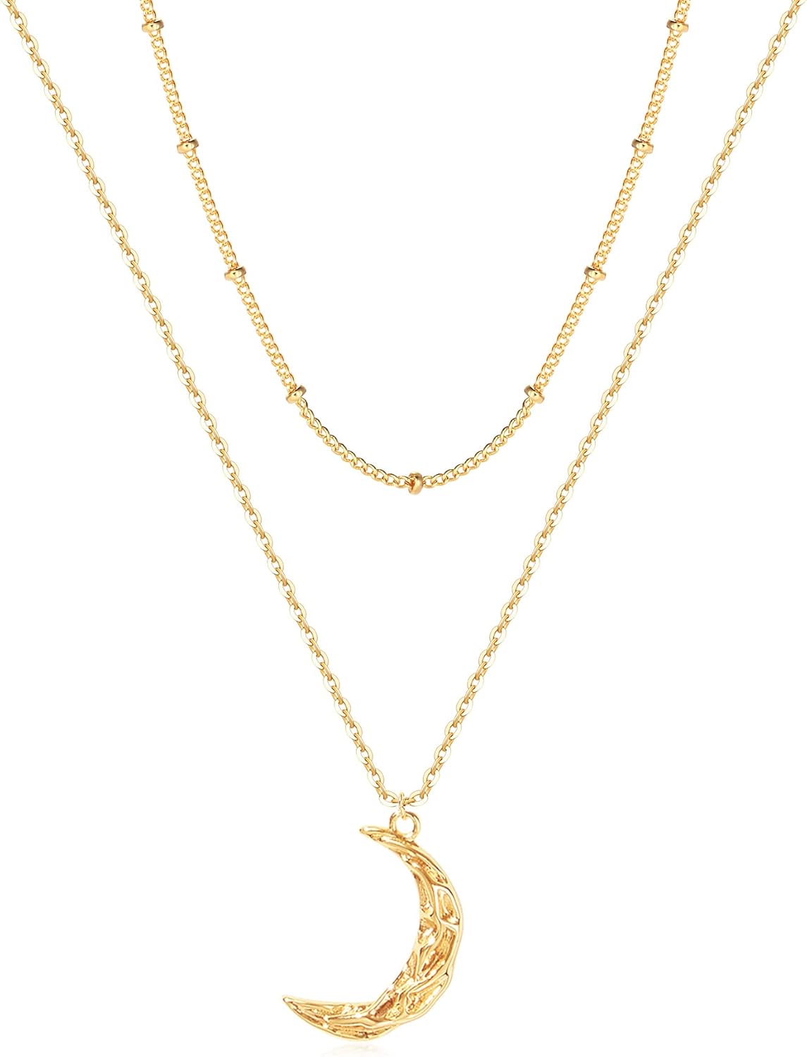 Layered Moon Star Necklace Pave CZ 14K Gold Plated Dainty Crescent Moon Star Pendant Choker Gold Coin Disc Necklace for Women