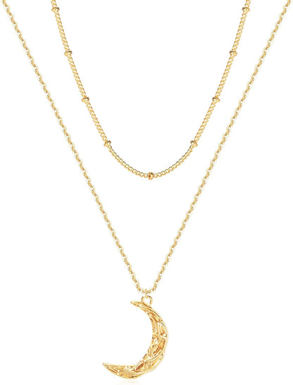 Layered Moon Star Necklace Pave CZ 14K Gold Plated Dainty Crescent Moon Star Pendant Choker Gold Coin Disc Necklace for Women
