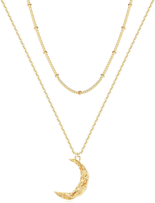 Layered Moon Star Necklace Pave CZ 14K Gold Plated Dainty Crescent Moon Star Pendant Choker Gold Coin Disc Necklace for Women