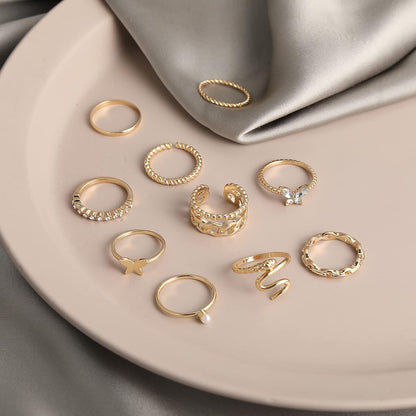 Gold Knuckle Rings Set for Women, Boho Butterfly Snake Stackable Joint Finger Rings, Trendy Crystal Size Mixed Midi Pack