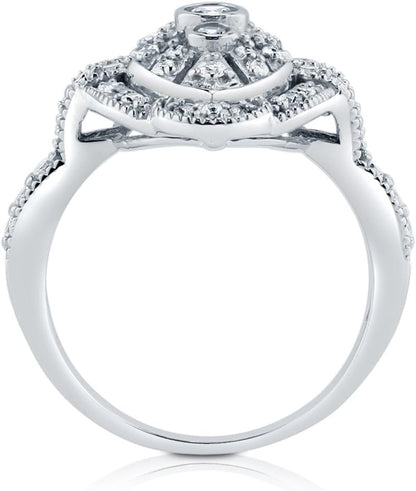 Sterling Silver CZ Navette Statement Cocktail Rings for Women, Art Deco Cubic Zirconia Ring