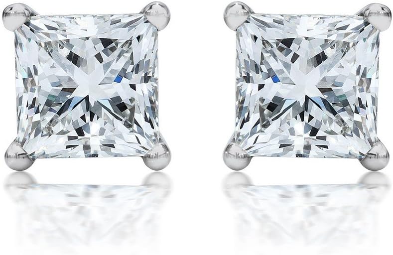 1 Carat Solitaire Diamond Stud Earrings Princess Cut 4 Prong Push Back (I-J Color, VS2-SI1 Clarity)