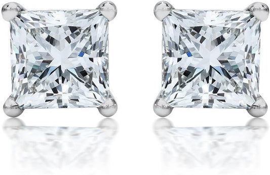 1 Carat Solitaire Diamond Stud Earrings Princess Cut 4 Prong Push Back (I-J Color, VS2-SI1 Clarity)