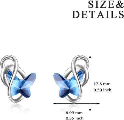 Sterling Silver Infinity Butterfly Earrings Embellished with Crystals from Austria, Hypoallergenic Stud Earrings, Anniversary Birthday Butterfly Jewelry Gifts for Women