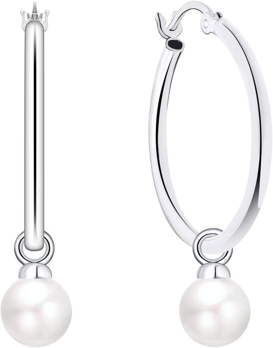 925 Sterling Silver Hoop Earrings with Simulated Danlge Pearl(White/Black)
