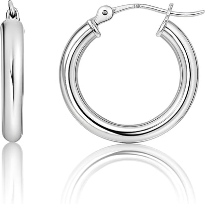 14K Gold Hoop Earrings for Women | Hypoallergenic 20MM, 25MM and 30MM Tube Hoop Earrings with Secure Click Tops |14K Yellow Gold or White Gold Classic Hoop Earrings in 3MM Thick Tube by