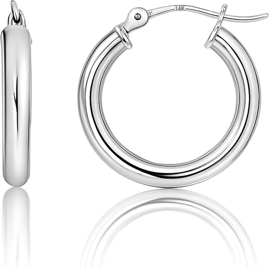 14K Gold Hoop Earrings for Women | Hypoallergenic 20MM, 25MM and 30MM Tube Hoop Earrings with Secure Click Tops |14K Yellow Gold or White Gold Classic Hoop Earrings in 3MM Thick Tube by