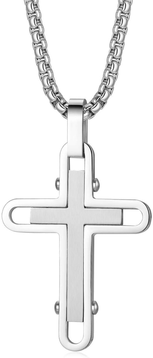 Men'S Cross Necklace 316L Stainless Steel Pendant White/Gold/Black/Blue Rolo Chain-Gift Box Included