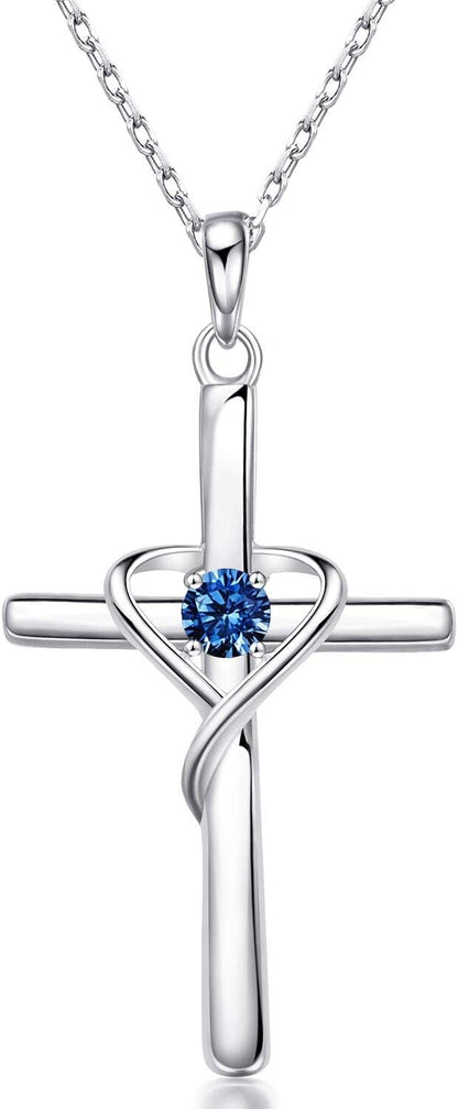 925 Sterling Silver Cross Necklace for Women Men 5A CZ Birthstone Necklaces 14K Gold Plated or Rose Gold Necklace for Easter or Mother'S Day