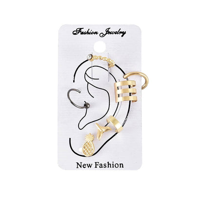 Bohemia Pineapple Mermaid Tail Studs Earrings Gold Wide Cuff Earrings Fake Helix Ear Cuff Earrings Gold Cartilage Clip on Wrap Earrings Non Pierced Multiple Earrings Set Set for Women and Girls