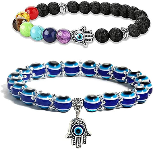 2Pcs Evil Eye Bracelets Hamsa Hand Fatima Beaded Charm Bracelets Blue Eye Stretch Amulet Protection Bracelet