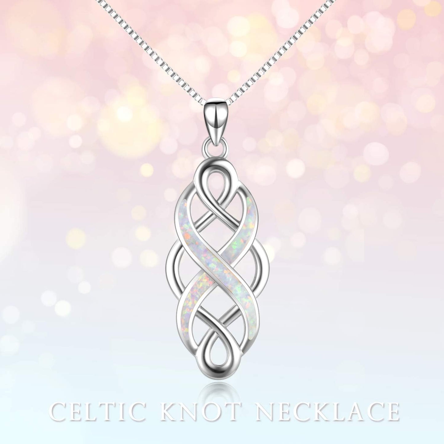 Irish Celtic Knot Created Opal Pendant Necklace Sterling Silver Black Necklaces for Women Men 18"