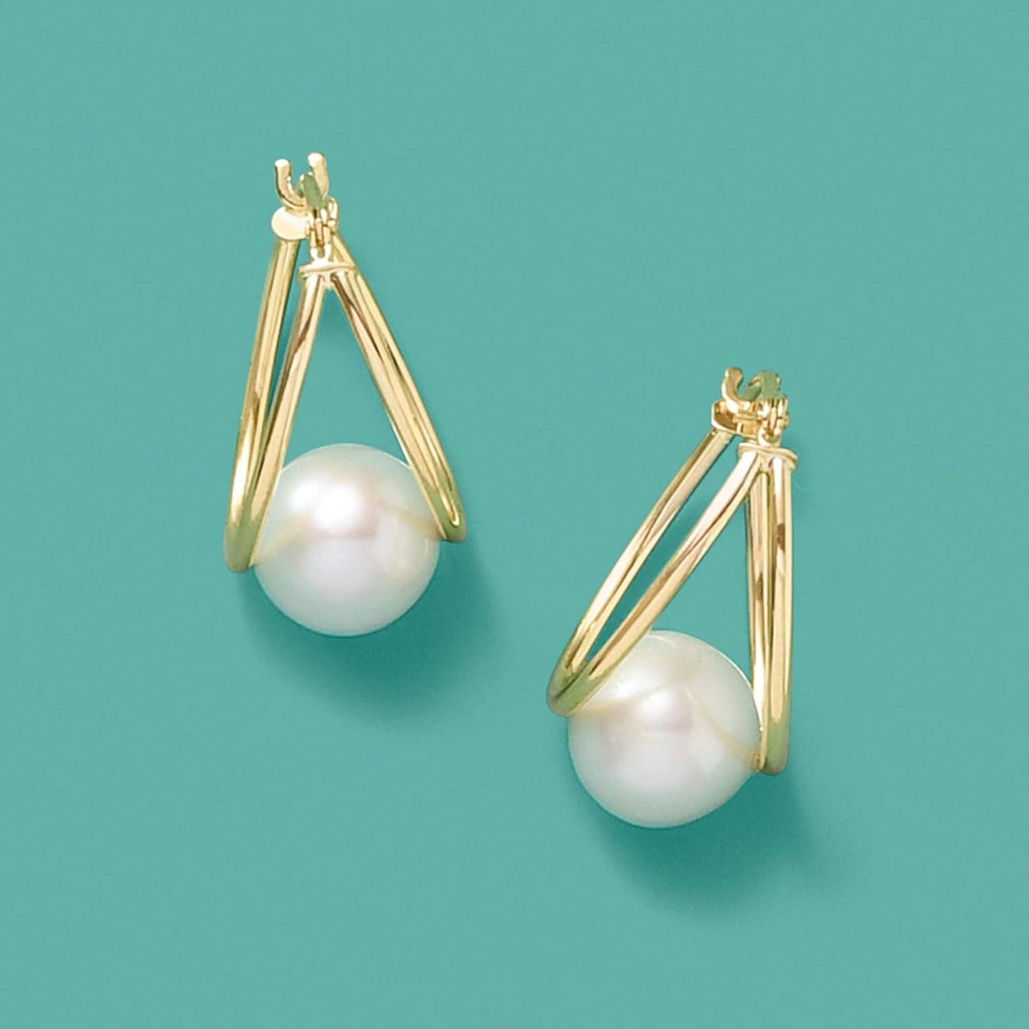 8-9Mm Cultured Pearl Double-Hoop Earrings in 14Kt Yellow Gold. 3/4
