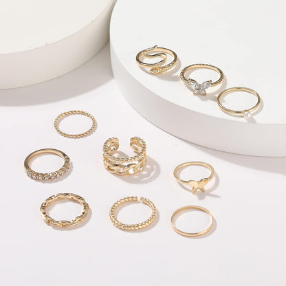 Gold Knuckle Rings Set for Women, Boho Butterfly Snake Stackable Joint Finger Rings, Trendy Crystal Size Mixed Midi Pack