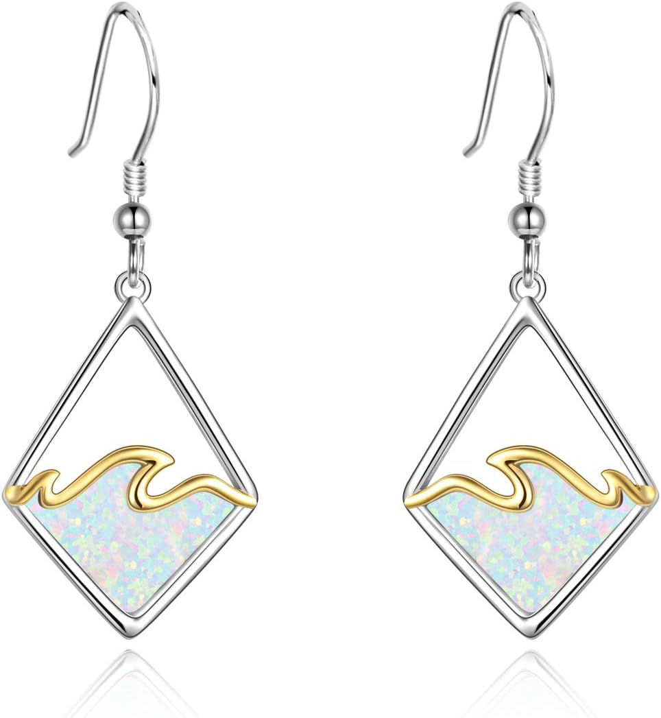 Sterling Silver Ocean Wave Earrings Created Opal Dangle Drop Earring Ocean Jewelry Beach Gifts for Women