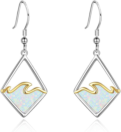 Sterling Silver Ocean Wave Earrings Created Opal Dangle Drop Earring Ocean Jewelry Beach Gifts for Women