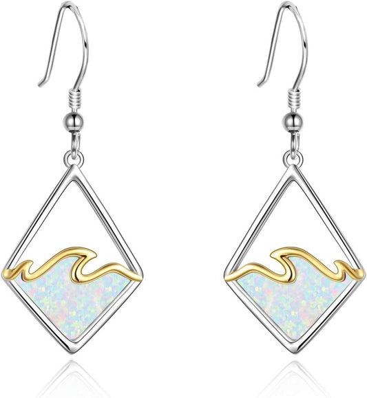 Sterling Silver Ocean Wave Earrings Created Opal Dangle Drop Earring Ocean Jewelry Beach Gifts for Women
