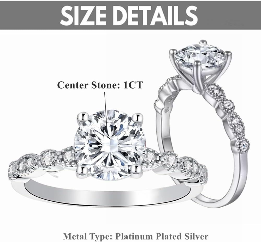 1-1/5 Carat (Ctw) Classic round Engagement Rings for Women Platinum Plated Silver Moissanite Engagement Ring Anniversary Promise Ring